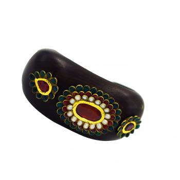 Ebony Wood with Real Gold Kundan work with Multicolor Stone Cuff Bracelet 